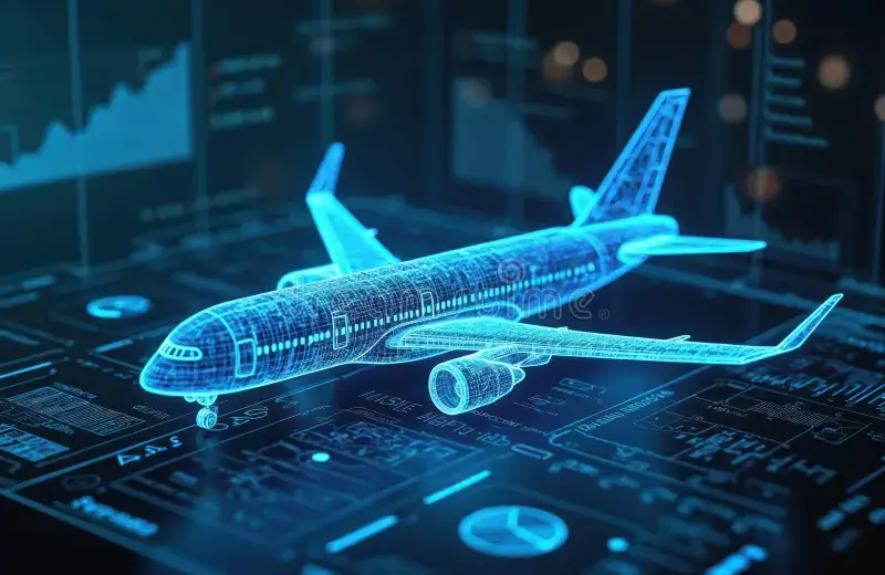 Engineers collaborating over a holographic 3D model of a jet.